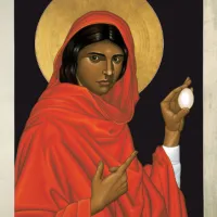 Mirjam aus Magdala (Foto: Carlos Ferrer): Erste Zeugin der Auferstehung. Rot bekleidet, wie eine Prostituierte, Haar nur halb verdeckt.